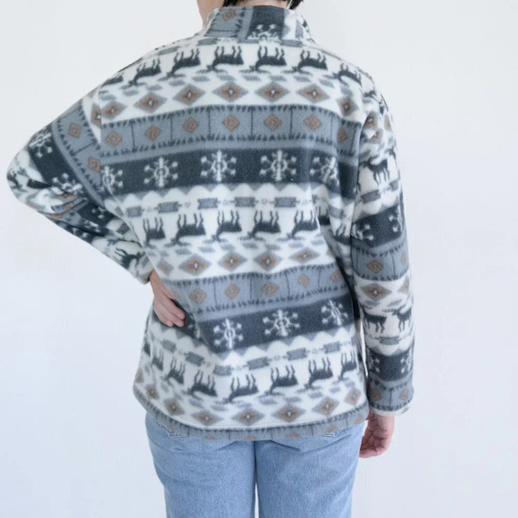 Vintage Trend Basics Grey & Cream Reindeer  Fleece Quarter Zip Sweater M - Picture 3 of 12
